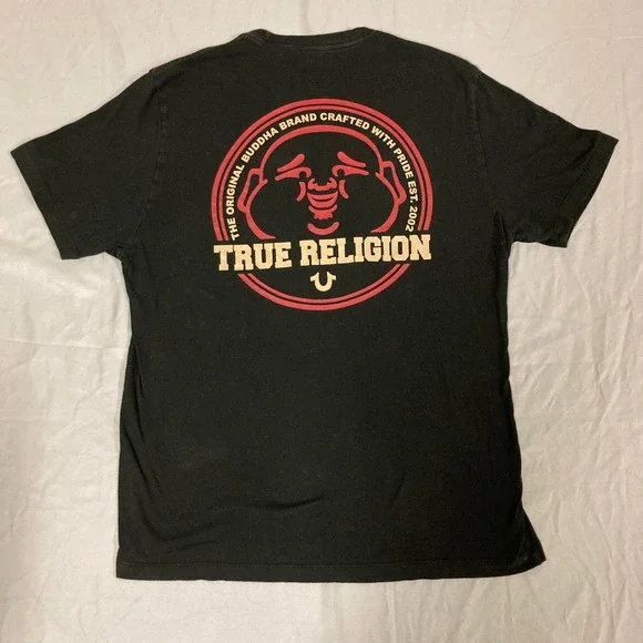 True Religion Mens Buddha Logo Graphic T-Shirt Black Red XL 107996 - Picture 2 of 11